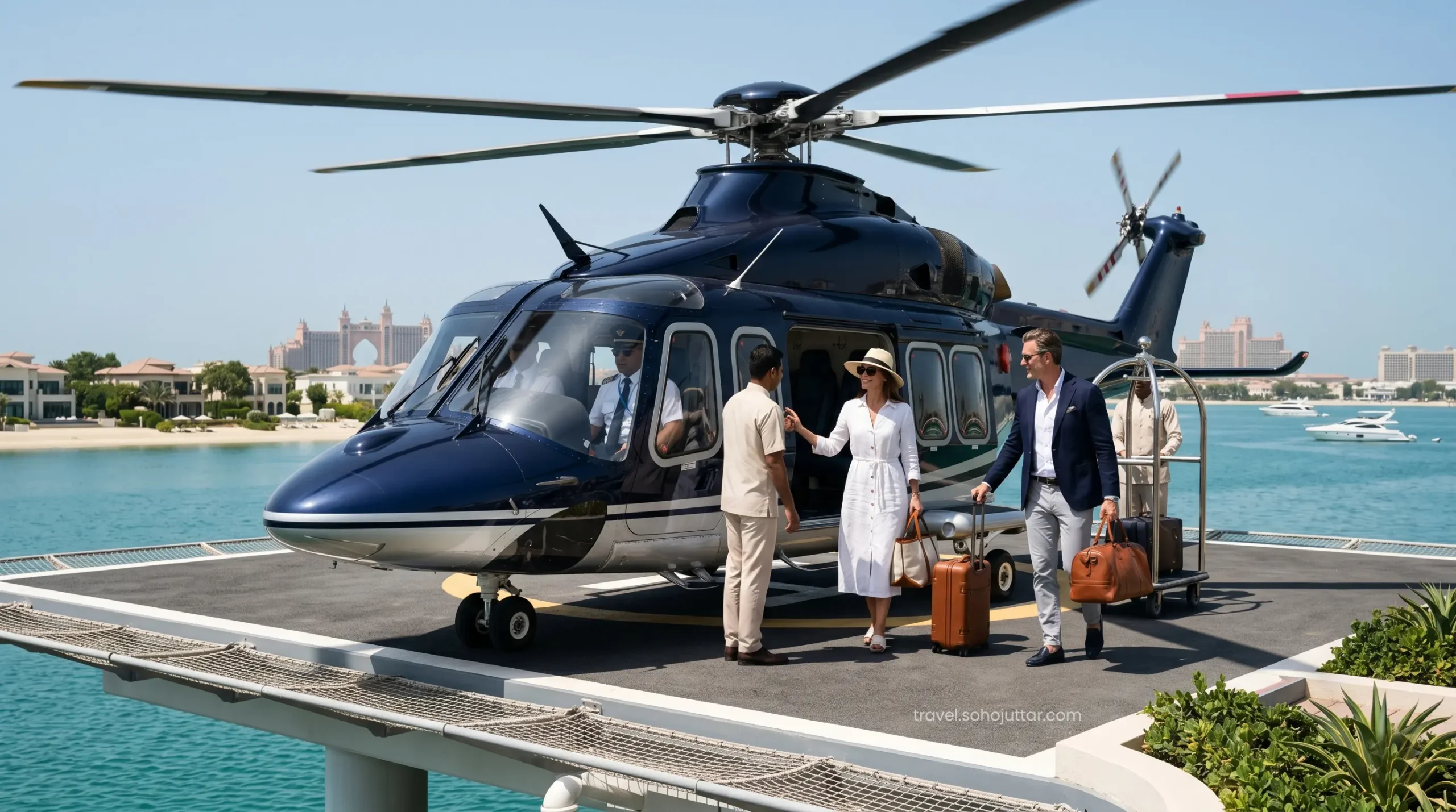 Private VIP helicopter transfer landing at Atlantis Dubai helipad.