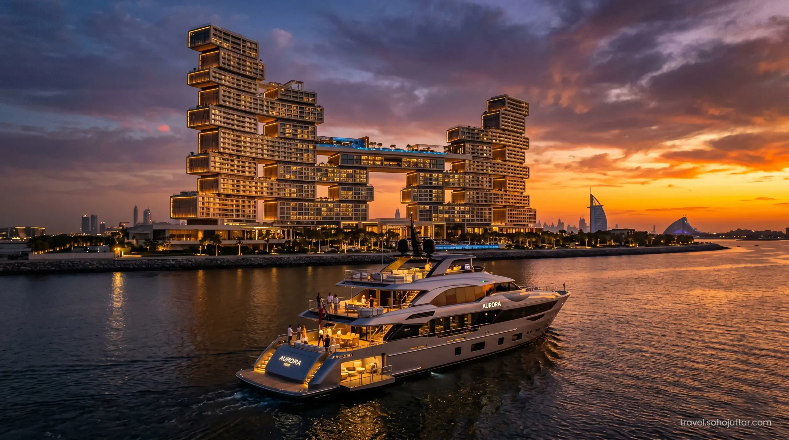 Ultra-modern exterior architecture of Atlantis The Royal Dubai at sunset.