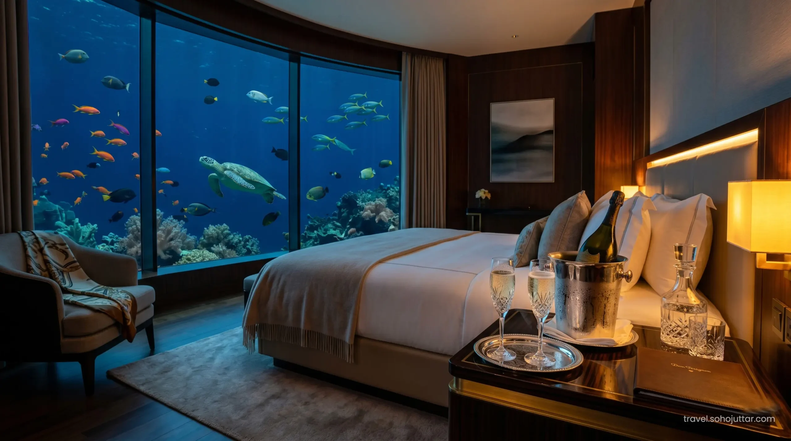 Atlantis Dubai luxury underwater suite bedroom view.