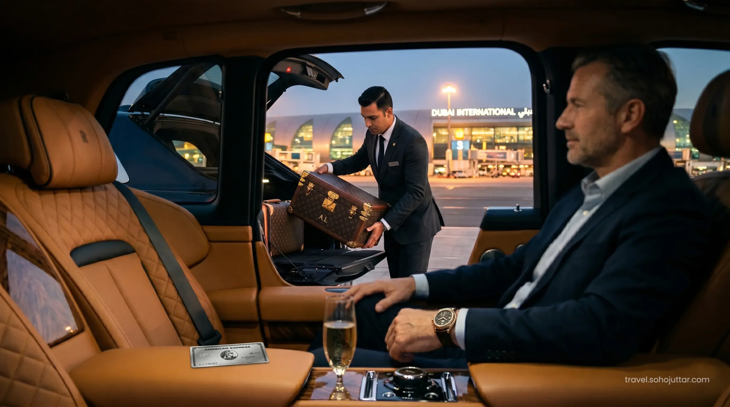 Premium chauffeur-driven SUV waiting at Dubai airport arrivals.