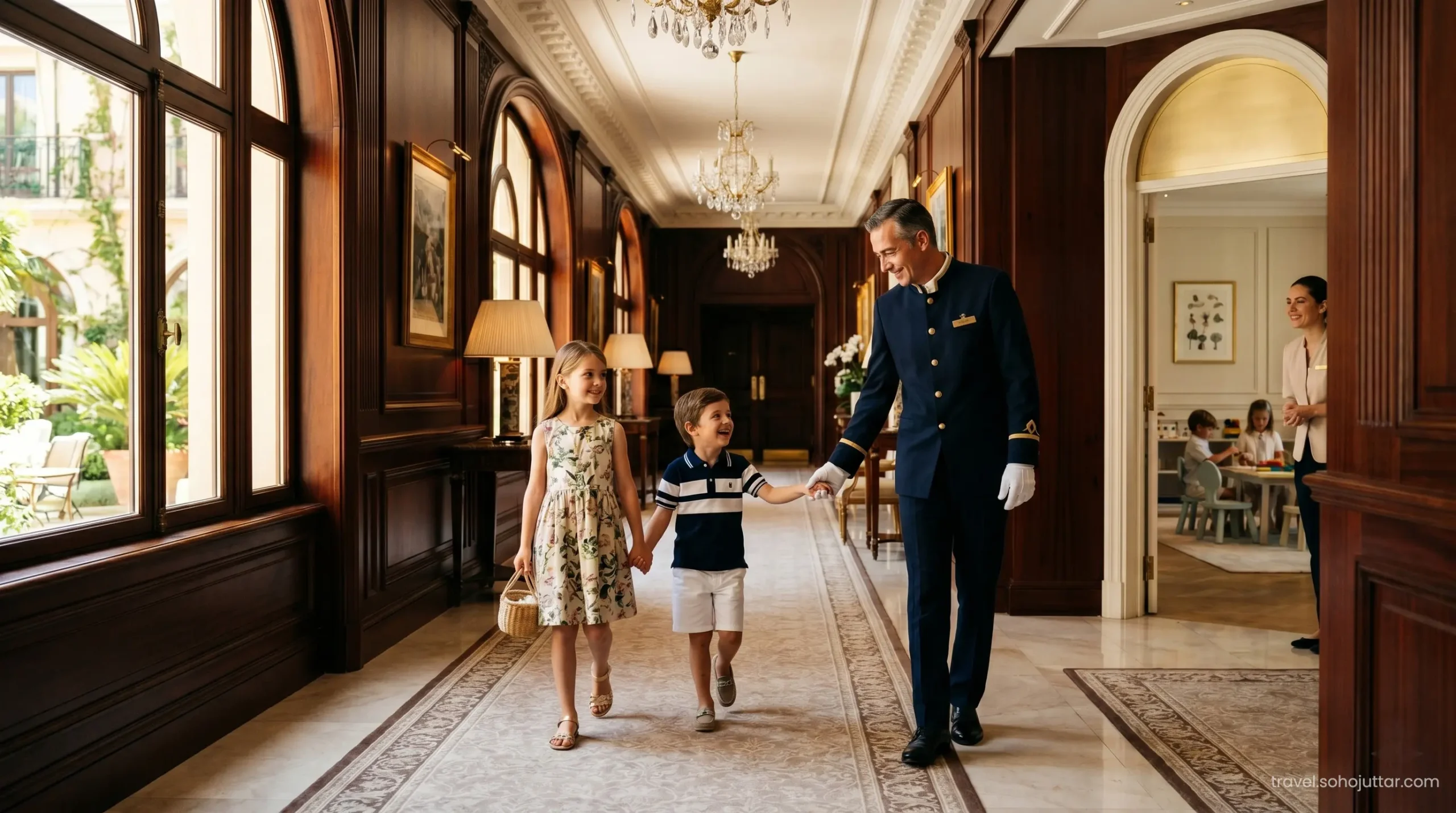 VIP butler escorting children to the exclusive resort kids club.