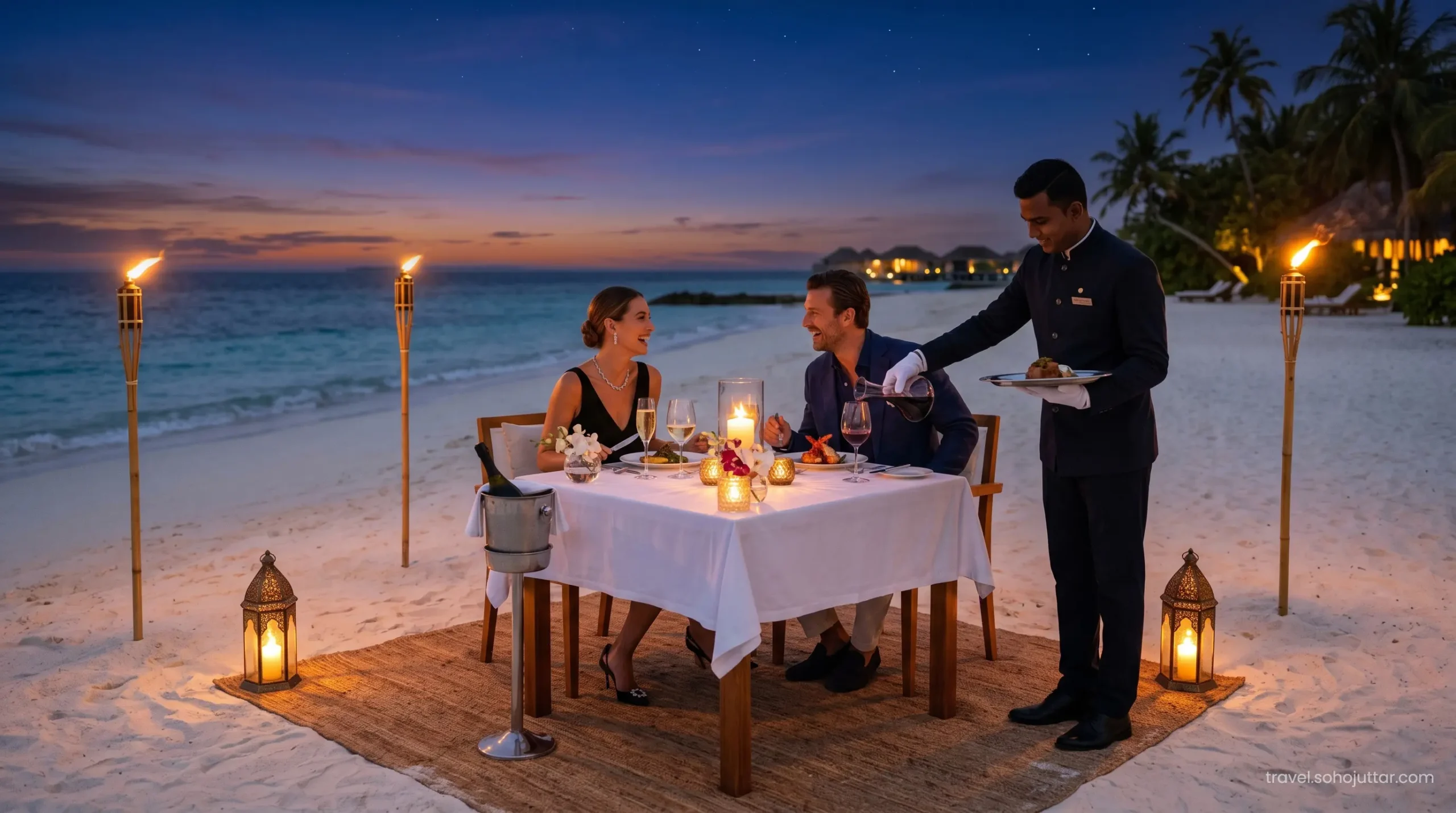 Private romantic dinner on the beach for honeymooners at Atlantis.
