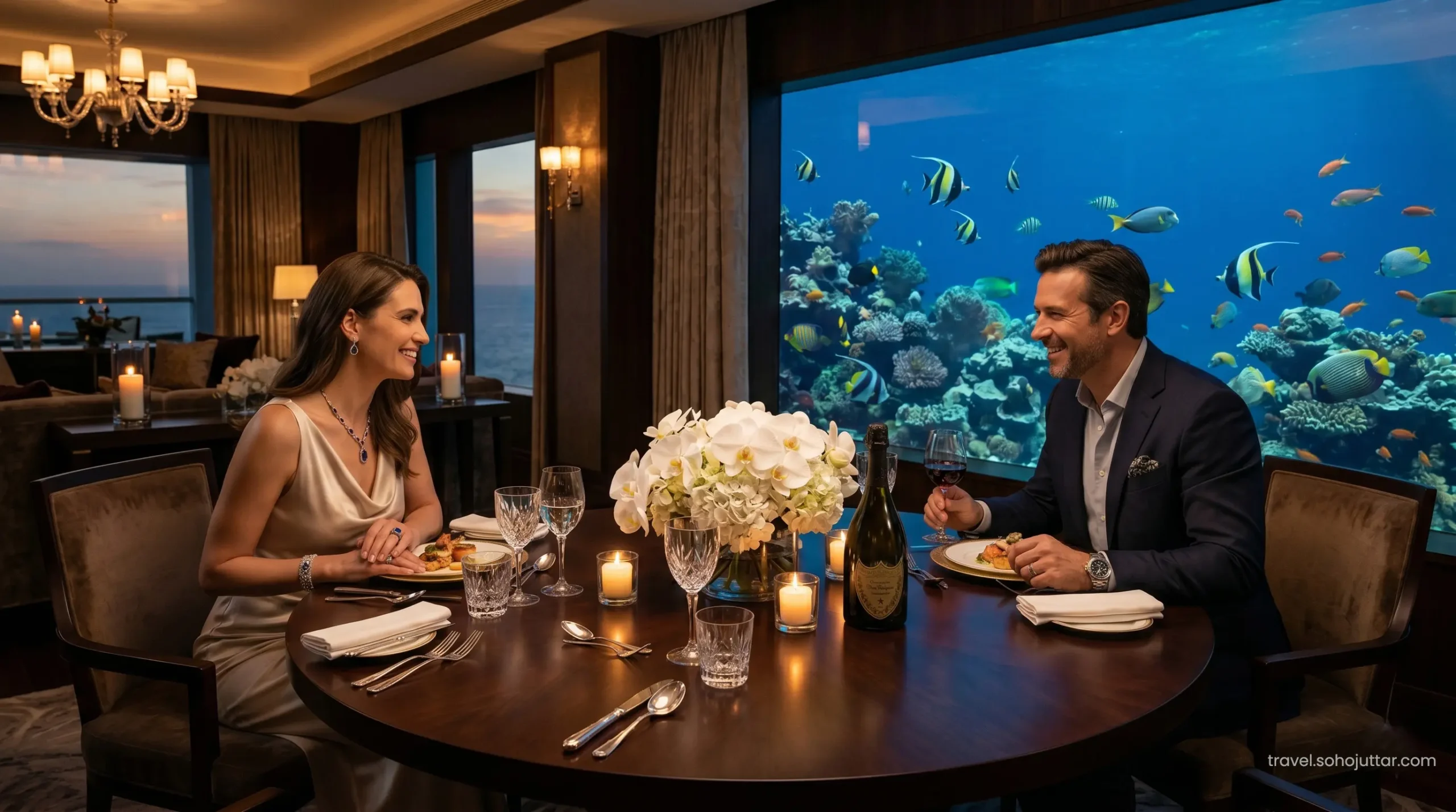 Private romantic fine dining inside the underwater suite.