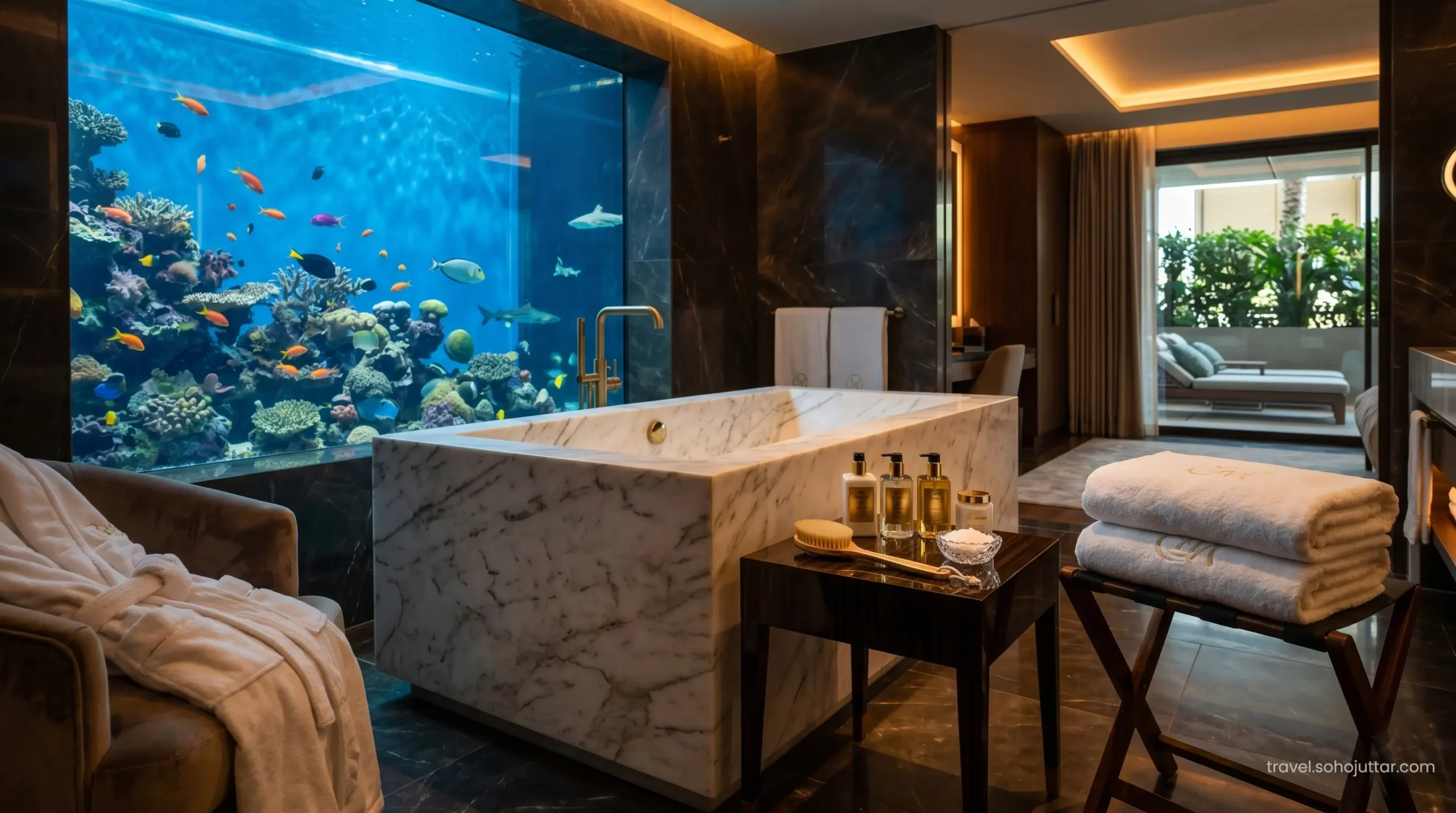Luxurious marble bathroom in the underwater suite Dubai.