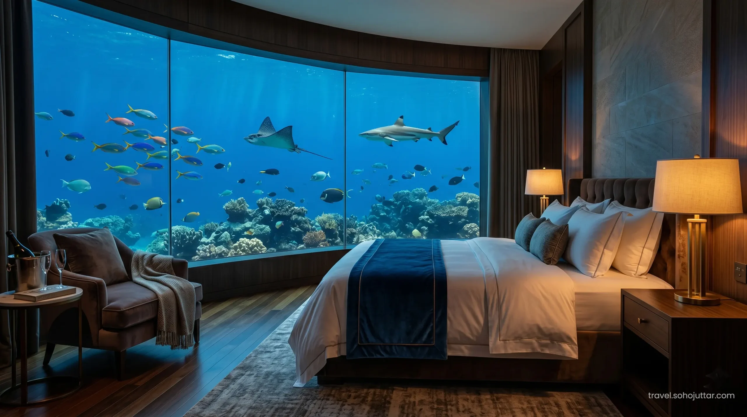 Luxury bedroom view of the Atlantis Dubai underwater suite.