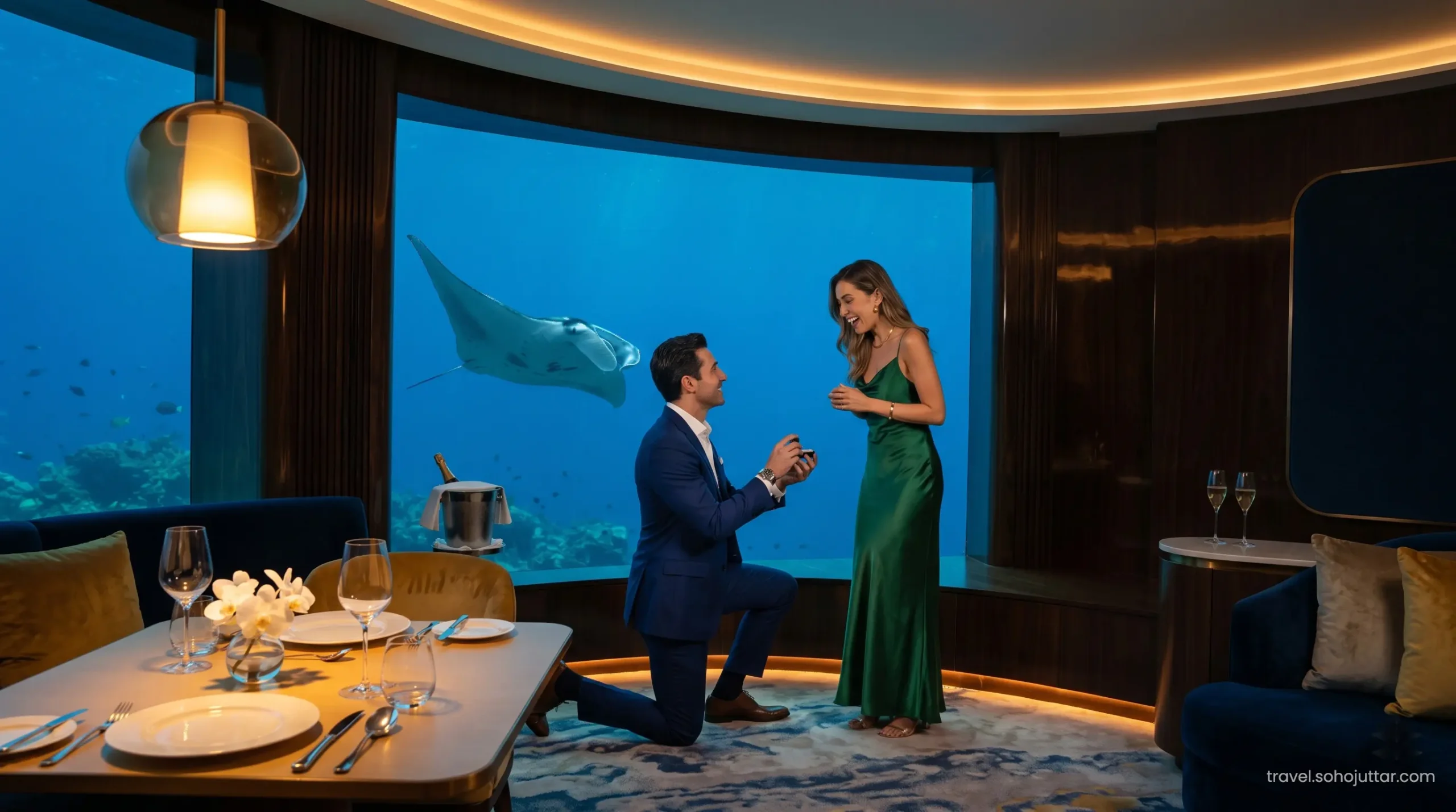 Exclusive romantic proposal inside the Atlantis Dubai underwater suite.