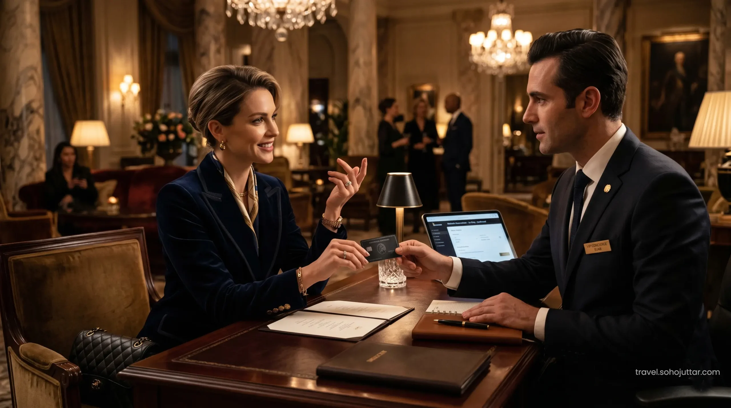 Consulting the VIP concierge desk for elite dining reservations.